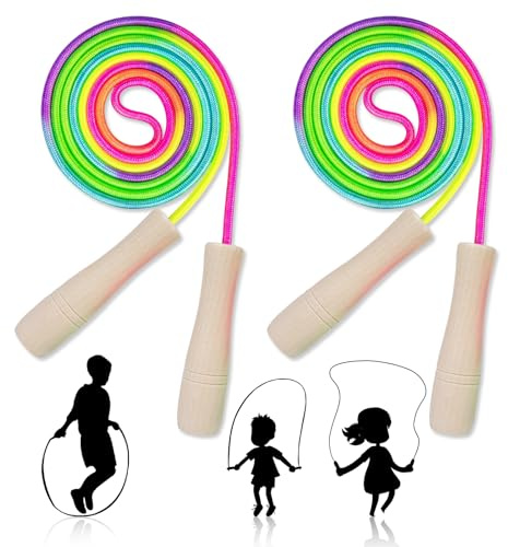 Zyluniy 2 piezas Cuerda saltar niños, 250 cm Cuerda de saltar ajustable para niños colores del arco iris con mangos de madera para niños y niñas, Navidad, día del niño, cumpleaños