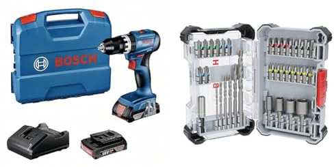 Bosch Professional 18V System Akku Schlagbohrschrauber GSB 18V-45 (Drehzahl 1.900 min⁻¹, inkl. 2x 2.0Ah Akku) + 35x Extra Hard Schrauberbit‑ und CYL-3 Bohrer-Set (197 x 110,5 mm)