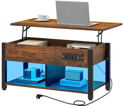 TAUS Couchtisch Höhenverstellbar mit Stauraum, LED Wohnzimmertisch mit Anhebbarer Platte, Offener und Versteckter Stauraum, Steckdose, Kaffeetisch für Wohnzimmer, Vintagebraun