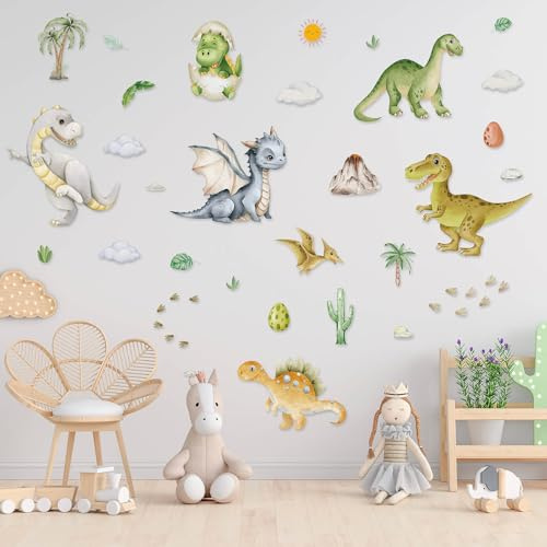 Dayker Dinosaurier-Wandaufkleber, Aquarell-Dino-Pflanzen-Vulkan-Wandsticker | Dinosaurier-Höhlen-Peel-und-Stick-Wandkunstdekoration, Cartoon-Tapete für Kinderzimmer, Jungen- und Mädchen-Schlafzimmer