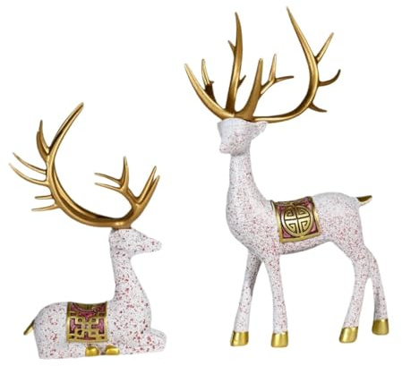 PawwJoy Lot de 2 statues de renne - Figurines de cerf - Décoration d'intérieur - Artisanat - Couple d'élan - Sculptures pour table, bibliothèque, armoire, salle à manger