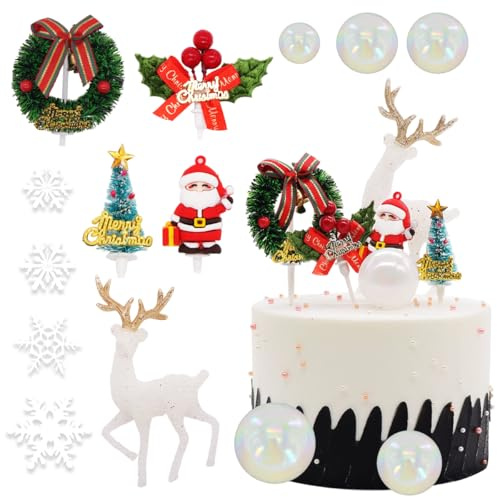 Christmas Cake Decorations, Christmas Ornaments, Toppers Santa, Snowman, Elk, Tree, Snowflake for Cake Decorations, Festive Designs, Party Supplies - 8Pcs