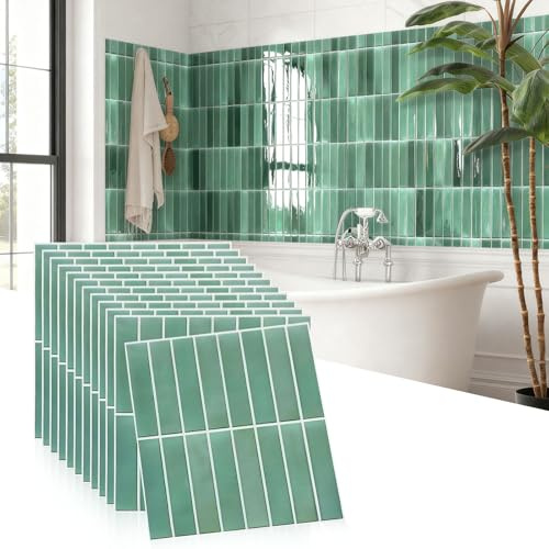 Carreaux Adhésifs Mural 30x30 cm, Credence Adhesive pour Cuisine & Salle de Bain, 12 Stickers Carrelage Vert, Dalle PVC Peel and Stick Anti-Éclaboussures