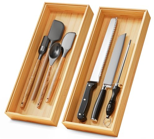 Bamboo Kitchen Drawer Organizer Boxes – 15 x 6 Stackable Wood Silverware Utensil Tray for Drawers Bins, Cutlery & Flatware Storage – Wooden Organizers Set of 2 for Junk Drawer, Bathroom, RV