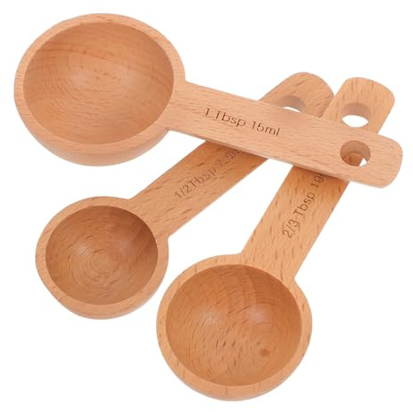 ANDRESLAD Lot de 3 Cuillères Doseuses en Bois de Hêtre 75 Ml 10 Ml et 15 Ml Doseur à Café en Bois Cuillères à Café Soupe Thé Épices Ustensiles Cuisine Pratiques et Solide