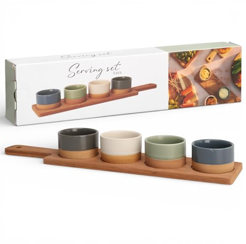MIJOMA Juego de 5 piezas – Cuatro cuencos de gres en azul oscuro, antracita, crema, verde oscuro – Bandeja de bambú oscuro de 40 x 9,5 cm – para aperitivos, salsas y tardes de tapas