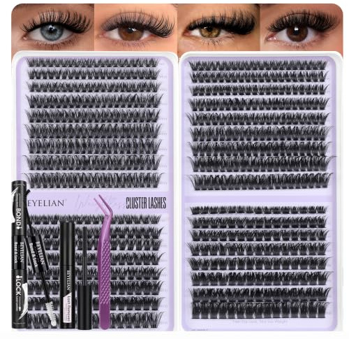 BEYELIAN Wimpern Cluster Set, D-Curl Volume Lashes, Wimpern Extensions | 608 Stück, Anfängerfreundlich mit Pinzette, Kleber & Öl-Entferner, 4 Dichten 60D 80D 100D 120D, für zu Hause
