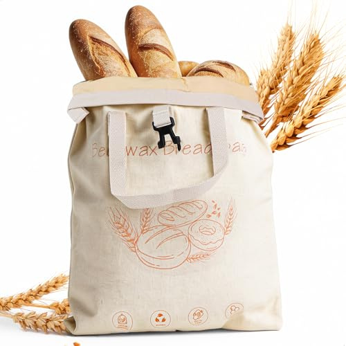 Bivax brödpåse tvättbar, brödväska bivax, brödpåse återanvändbar, 43 x 33 cm med bärhandtag, färskhållning, för surdeg, hembakat bröd och shopping