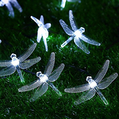 Solar Outdoor Dragonfly Lights,KINGCOO Waterproof 20ft 30LED 8 Mode Solar String Lights Fairy Decoration Lighting for Home Patio Garden Party Wedding Seasonal Holiday Christmas (White)