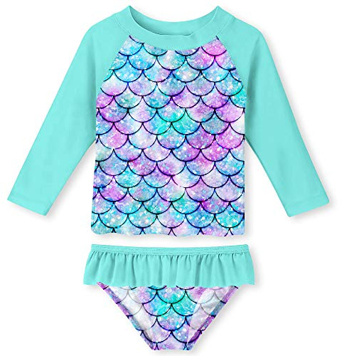 Little Girls Rash Guard Swimsuit Set All Over Print Mermaid Scales 2-Piece Long Sleeve Swimwear Protect Skin 5-6T