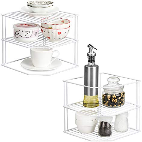 QIWODE Teller Organizer Schrank, 3 etagen Tellerregal für Schrank, Küchenschrank Organizer für Teller, Schüsseln, Geschirr, Gewürze, Tassen, Weiß (2 Stück)