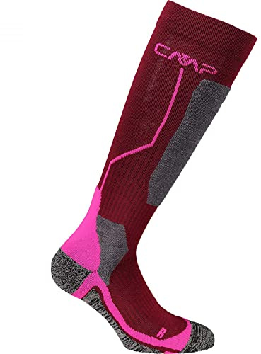 CMP - Chaussettes de ski en laine pour enfants, Bourgogne-Rose Fluo, 31/33
