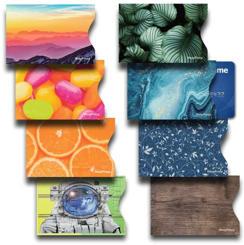 8 custodie con blocco RFID, protezione per carte di credito, porta carte di credito antifurto, facile da riconoscere, 8 diversi temi, legno, denim, foglie, caramelle, arance, cielo vivido, astronauta