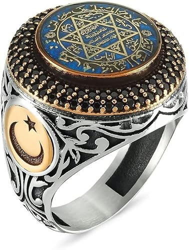 Bague pour homme en argent sterling 925 avec motif sceau de Salomon et mini zircone brodée avec drapeau turc et tugra de l'état ottoman, Pierre, Pierre.,