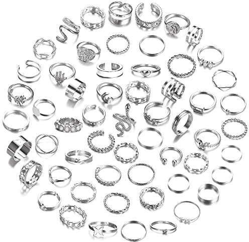 JeweBella 58 PCS Vintage Knuckle Ring Set for Women Bohemian Stackable Joint Finger Rings Stacking Butterfly Snake Hollow Carved Crystal Midi Silver/Gold Rings Pack for Gift