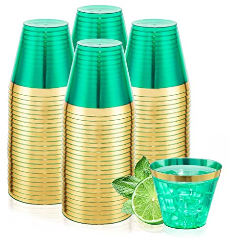 LUODA 150 PCS Green Plastic Cups,9oz Clear Green Disposable Cups with Gold Rim, Old Fashioned Tumblers Gold Rimmed Plastic Cups for Party