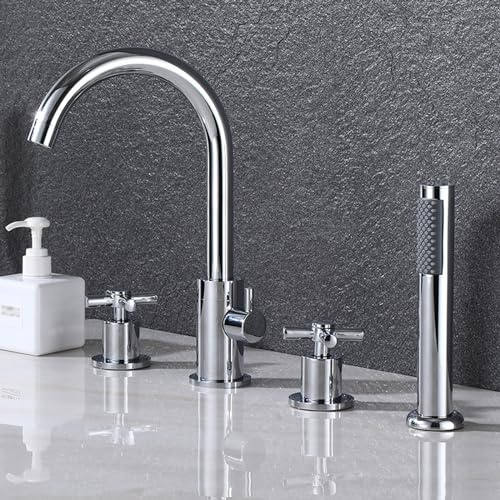 XJTNLB Wannenrandarmatur 4 Loch Badewannenarmatur mit Ausziehbarem Handbrause Quergriff Mischbatterie Badewanne Armatur Dusche Set Chrom,4-Loch