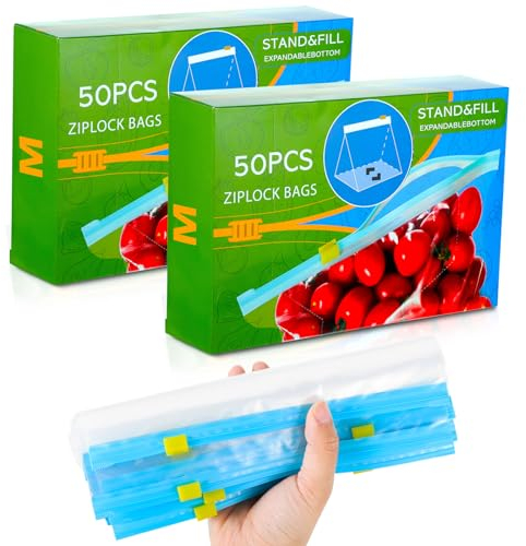 100 Pcs Food Storage Bags, Reusable Sandwich Bags (2.27L) Food Storage Freezer Bags, Zip Lock Bags Zip Seal for Fruits, Vegetables, Meat, Grains, Snacks, Widen Bottom Soup Freezer Bags