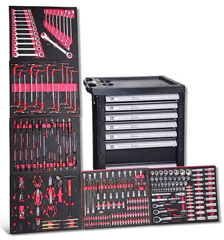 DeTec. Werkstattwagen Blackline Werkzeugwagen gefüllt Werkzeugkiste mit Werkzeug Werkzeugschrank rollbar Werkzeugkasten mit Schaumstoff-Werkzeugeinlegern in Rot, abschließbar