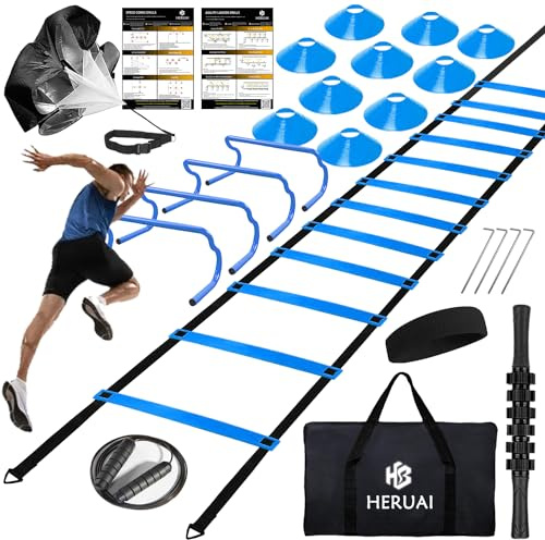 Set de Equipo de Entrenamiento de Agilidad con Escalera de 20 pies, 4 Vallas, 10 Conos de Velocidad, Paracaídas para Correr, Equipo de Entrenamiento de Fútbol, Baloncesto y Sócker para Niños, Jóvenes