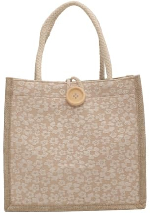 Yisawroy Borsa in iuta con manico, borsa casual in juta, leggera, borsa per la spesa riutilizzabile borse da spiaggia, cachi