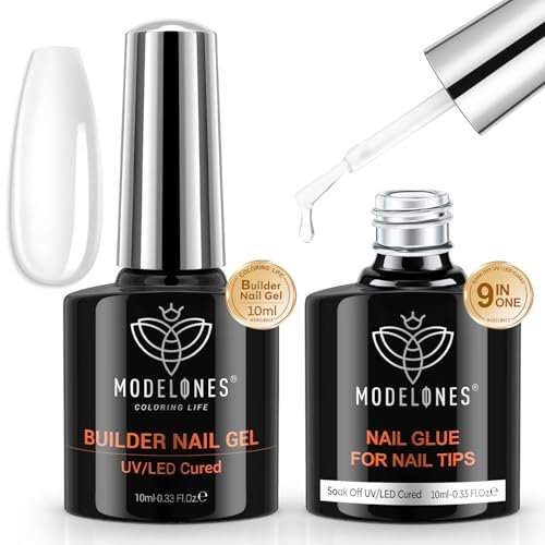 modelones 9 in One Nagelkleber und Builder Gel Set, Gelnägel Set für Nagelverdickung, Nagelverstärker UV Gel für Strengthener Extension, Nail Repair Base Coat Nail Art Maniküre 2 Pcs