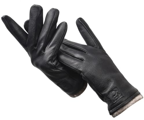 Herren Schwarz Leder Fleece Futter Handschuhe Winter Warm Schaffell Lederhandschuhe, Schwarz , 13