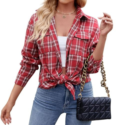 Kuukaas Karohemd Damen Oversize Kariertes Hemd Damen Rot Oktoberfest Damen Outfit Button Down Hemd Damen Langarm Hemdbluse Damen Kariert für Frühling Und Herbst S