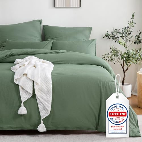 ATsense Bettwäsche 140x200 Baumwolle 2teilig, Stonewashed Bettwäsche-Sets Grün Ähnlich wie Leinen, Oeko-TEX, Hypoallergen und Atmungsaktiv, 1 Bettbezug und 1 Kissenbezug 70x90