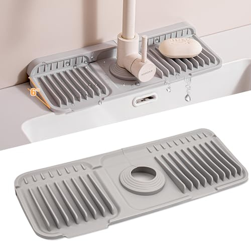 Volminex 6° Lutande Silikon Droppmatta, Vattenkran Stänkskydd Och Droppfäste, Dräneringsmatta Diskbänk, Sink Splash Guard, Halkfri Och Flexibel Matta För Kök Och Badrum (Grå, 37 cm)