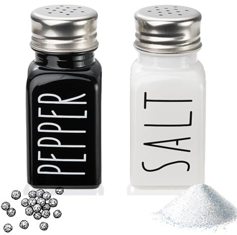 Simple Black and White Salt and Pepper Shaker Set - Durable Glass with Stainless Steel Lids - Modern Kitchen and Dining Table Accessory - Easy Refill Design - Ideal for Home or Gift Use