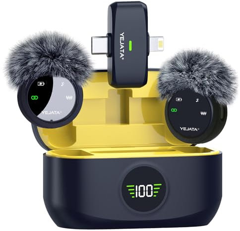 YEJATA Microphone sans Fil 2-en-1 pour iPhone et Android, Mini Microphone à réduction de Bruit avec étui de Charge de 40 Heures, Rabat magnétique et Pince d'interview, portée de 25 mètres