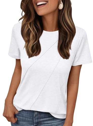 AirMood Camiseta básica Informal de Verano para Mujer, Ajuste Holgado, Cuello Redondo, Manga Corta, Blanco, XXL