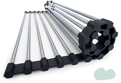 MY Pulse® Escurreplatos sobre Fregadero Plegable de Acero Inoxidable y Silicona | Escurridor de Platos para Fregadero de Cocina Enrollable | Estante para secar vajilla, Vasos, bayetas | (43x35 cm)