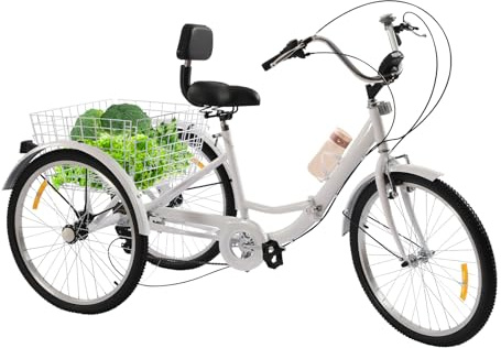 Estabeter Dreirad für Erwachsene 24 Zoll 7 Gang, 3 Rad Fahrrad mit Led-Scheinwerfer, Reflektoren, Becherhalter, Einkaufskorb Outdoor Lastenfahrrad Bis 140 Kg Tragkraft (Weiß)
