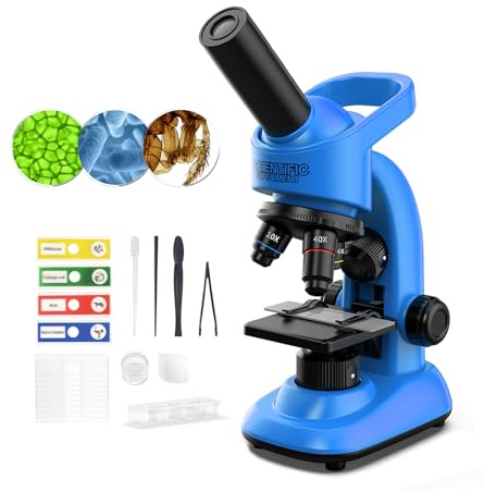 WSDMIC Microscope for Kids Scientific Experiment Kit 40X-1600X Magnification LED Light Educational STEM Kit with Slides and Lab Tools (Blue)