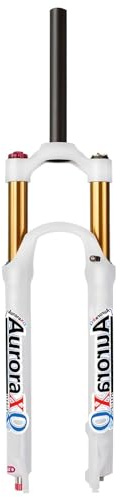 AuroraXQ Mountain Bike 26/27.5/29 Front Fork Air Suspension White for MTB XC AM, Straight Tube 1 1/8 with Rebound Adjustment and Lockout 9mm QR Bicycle Forks compatible with 1.5-2.45 tires(White/Gold