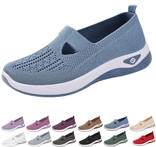 Wang Damai Women's Orthopedic Walking Shoes,Woven Breathable Orthowalkway Womens Sneakers,Lightweight Non-Slip Arch Support Slip on Shoes Blue 43