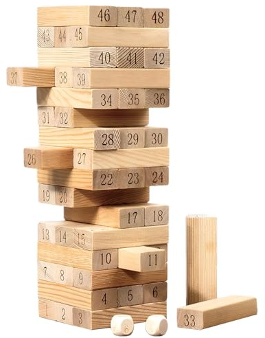 PIWOSGOL Wackeltorn trä 48 byggstenar för stapelning, stapelspel för barn från 3 år, skicklighet, främjar utveckling och motoriska färdigheter, 23,5 x 7,5 x 7,5 cm (stor)