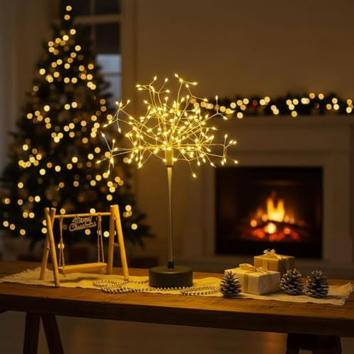 Nest and Flowers Table Lights Fireworks, Mini Table Dandelion Silver LED Starburst Firework Lamp for Party Home Decor 100 LED Fairy Light (Warm Light)