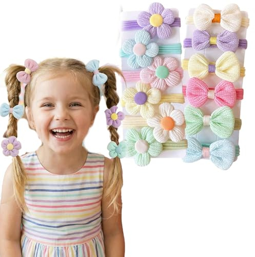 hankousi 12 kleine Haargummis, niedliche Blumen und Schleife, Haar-Accessoires mit weichen, elastischen Haargummis für Damen und Jugendliche (verschiedene Farben)