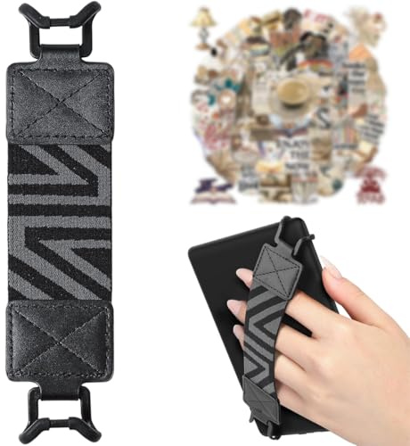 LEPGUYO Elastic Wrist Strap for Kindle Paperwhite, Printed Black PU Leather, for 6-8 Inch E-Book Reader & Tablet, 50 Retro Gift Stickers, Relieves Wrist Pain