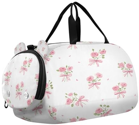 Duffelväska för barn, övernattning, weekendväska, handbagage, gymväska med skofack, sportskola, rosa ros med rosett