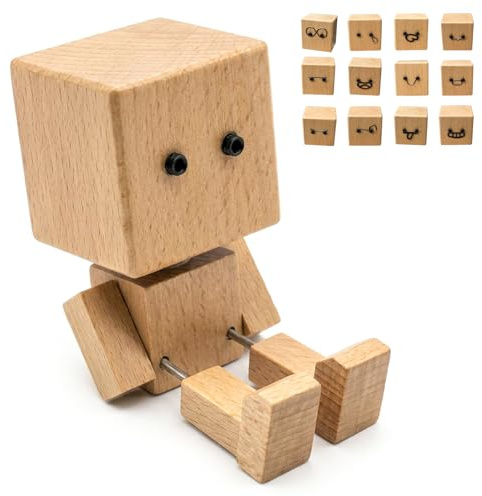 Veloray Figurine de Bonhomme en Bois Vacillant, Figurine en Bois Qui Bouge,Ornement de Tableau, avec 12 Expressions Magnétiques, Décoration pour Tableau de Bord de Voiture et Bureau