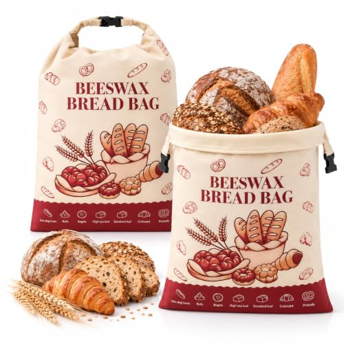 Bread Bags for Homemade Bread - 2 Pack XL Reusable Organic Beeswax Linen Cotton Sourdough Bread Bag, Eco-Friendly Bread Storage Bags with Sealing Zip to Keep Fresh, Perfect for Artisan & Bakery Bread