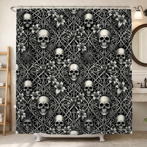 Tenda da doccia a forma di teschio, stile gotico con fiori scuri, ragnatela di ragnatela per Halloween, colore nero, impermeabile, tenda da doccia per vasca da bagno, decorazione per casa, bagno