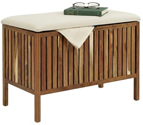 Cesta para ropa Relaxdays con asiento y almacenaje, marrón/blanco | Cesto para la ropa de 80 l, (Al x An x Fon) 56 x 78 x 39 cm (ancho x alto x fondo), madera de acacia, tela