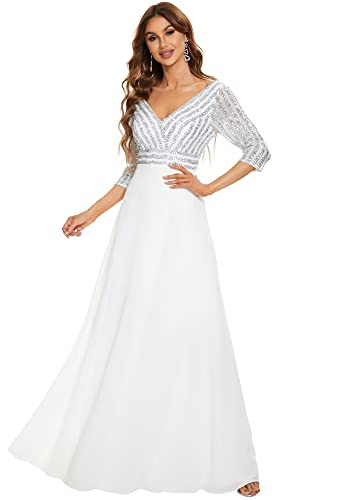 Ever-Pretty Vestido de Fiesta Lentejuelas Manga Larga Mujer A-línea Escote en V Imperio Elegant Blanco 40