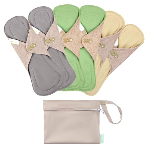 wegreeco 6 Pcs Reusable Menstrual Pads, Ultra Absorbent Cloth Pads for Heavy Flow, Sanitary for Teens, Women, Nonslip, Inner Mustard Yellow, Grey, Beige, Rose Gold Outer, S