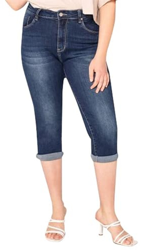 Lusty Chic Pantalones Talla Grande Mujer 3/4 Cintura Alta Vaqueros Verano Capri - Cintura Alta 3/4 Pantalon Mujer Verano (XXL, Azul Oscuro)